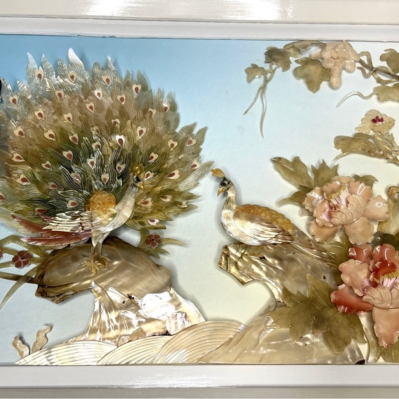 Vintage Asian Shell Art Peacock Flowers Framed Wall Art - Picture 3 of 13